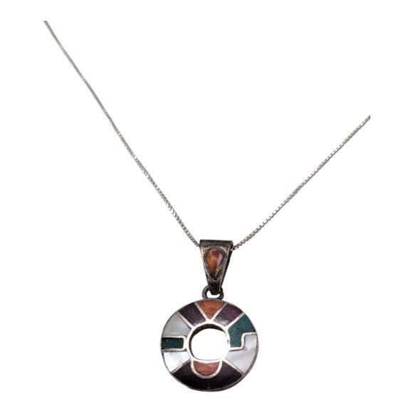 Peruvian Incas 950 Silver Multi-Stone Chakana Pendant Necklace Chain Choker - Picture 1 of 4